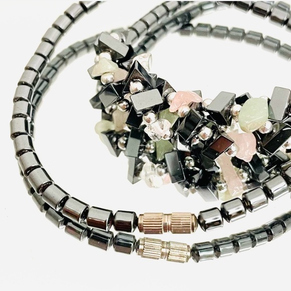 Hematite & Gemstone Chip Accented Small Collar Length Necklace - Picture 2 of 4